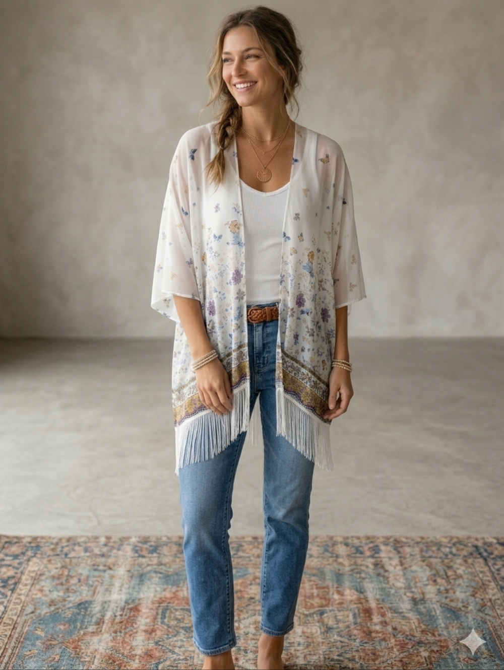 Boho Airy Butterfly Print Fringe Kimono Cardigan White One Size